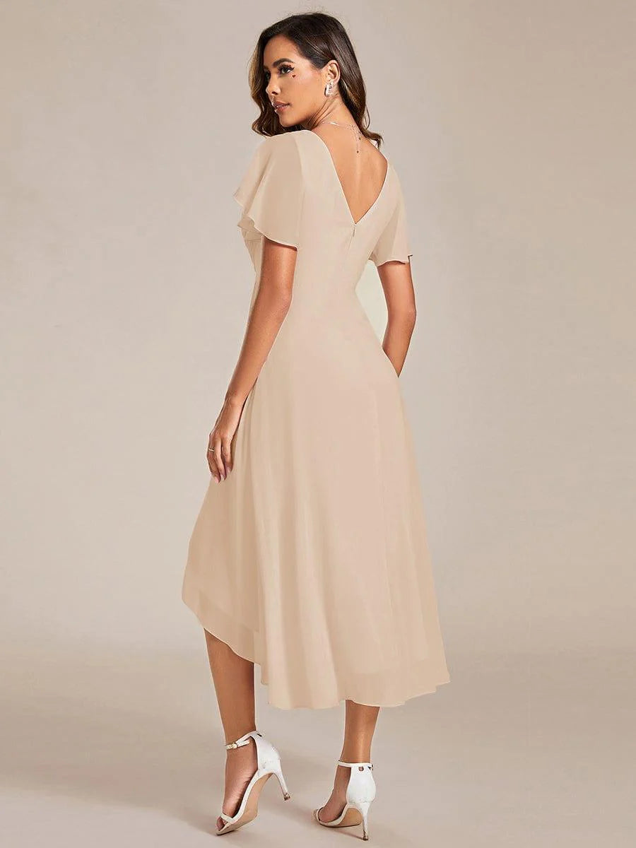 Chic V Neck High-Low Short Sleeve Wedding Guest Dress
