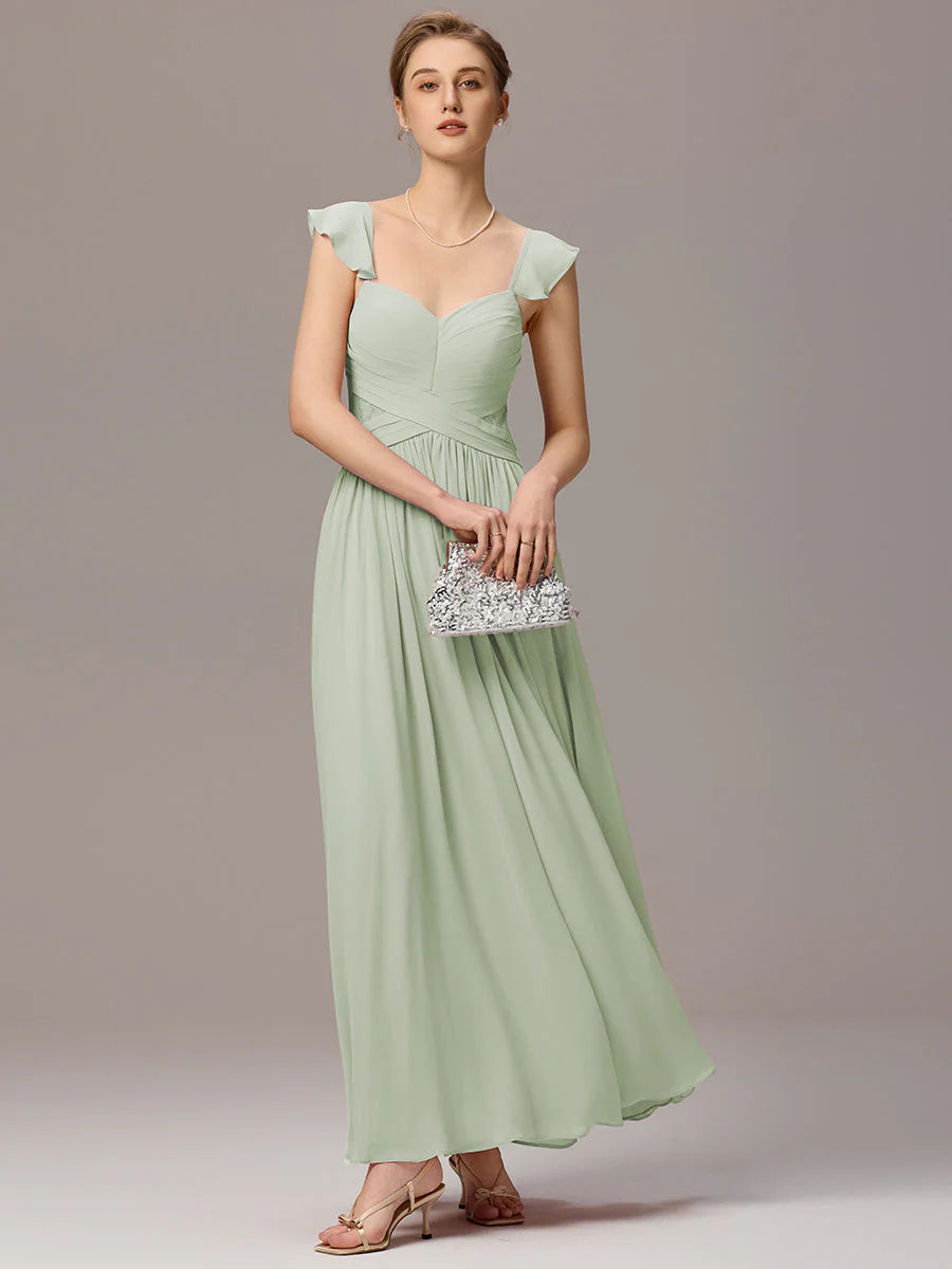 Wholesale Custom Made Back-Tie Pleated Ruffles Sleeves Bridesmaid Dress