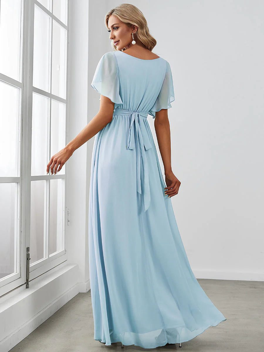 A Line Wholesale Evening Dresses with Deep V Neck Ruffles Sleeves