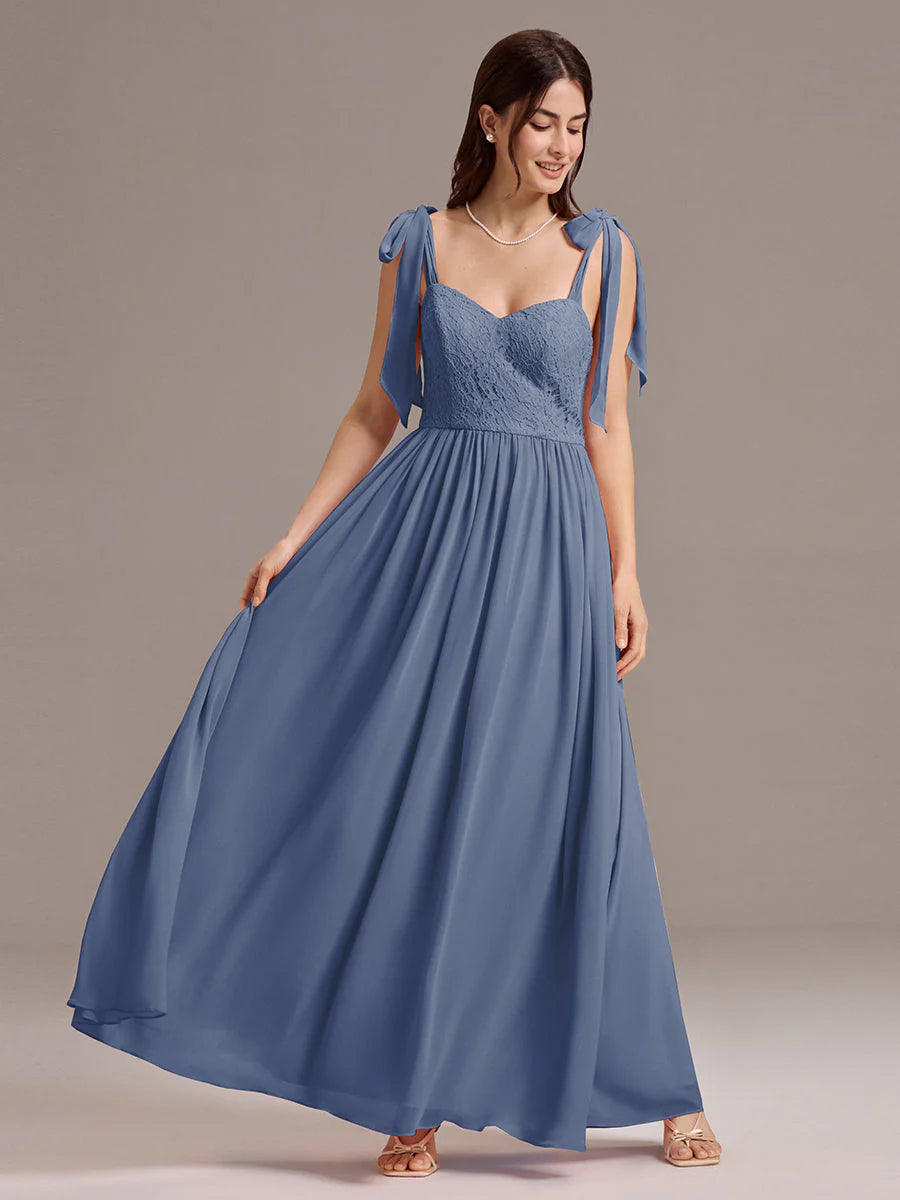 Chiffon Sweetheart Neck Bow Tie Backless A-Line Lace Bridesmaid Dress
