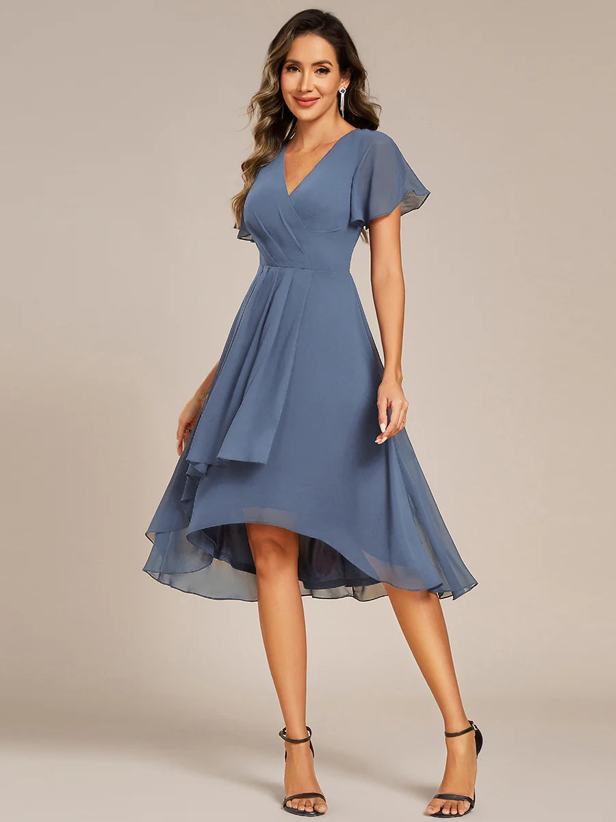 Short Sleeve Ruffled V-Neck Pleated Asymmetrical Midi Wedding Guest Dresses