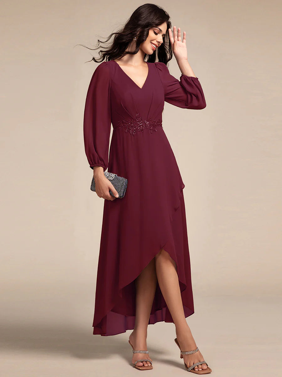 Elegant Applique Empire Waist Nine-Length Chiffon Evening Dresses with Regular fold stream Asymmetrical Hem
