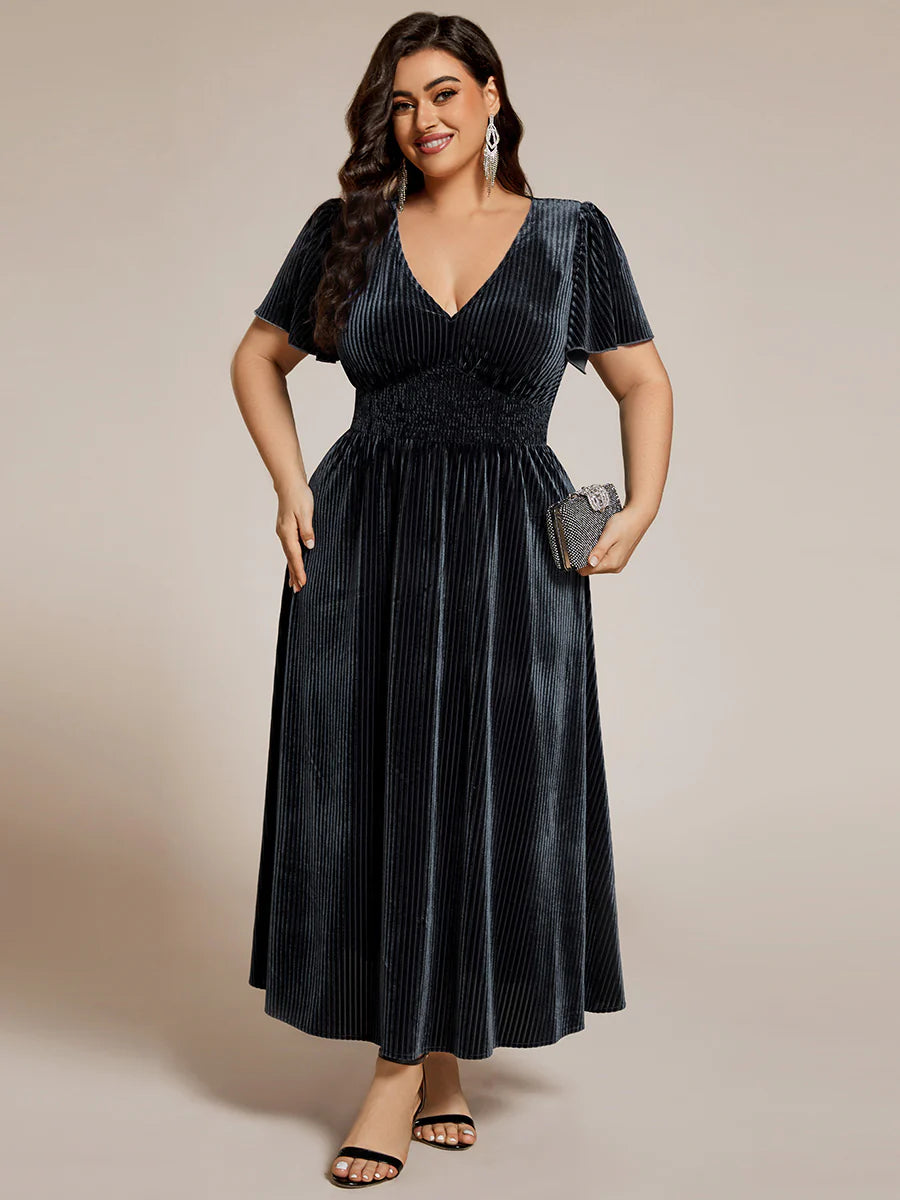 Plus-Size-V-Neck Tea Length Velvet Wedding Guest Dresses