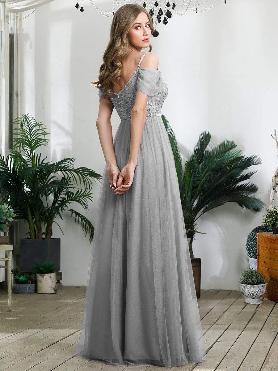 A-Line Sweetheart Neckline Ruffle Sleeve Tulle Wholesale Bridesmaid Dress