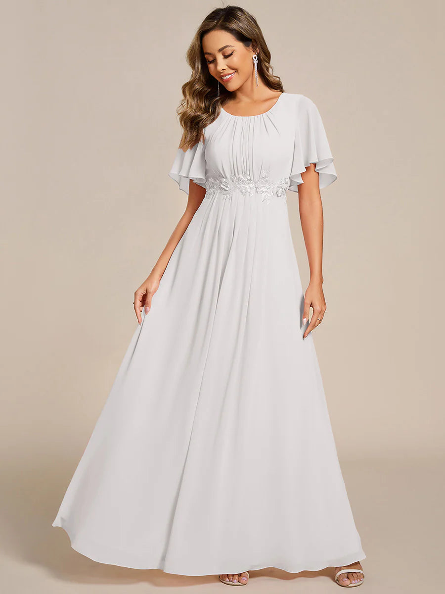 Short Sleeves Pleated Applique A-Line Floor-Length Formal Evening Dress