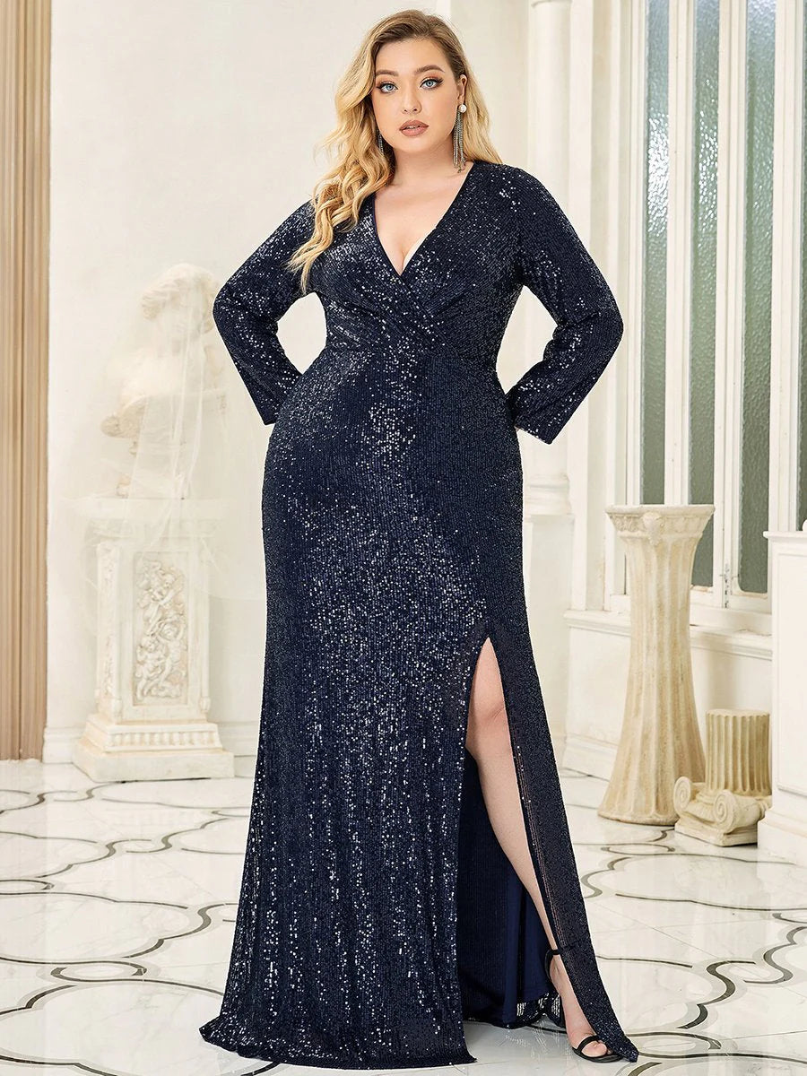 Shiny V Neck Plus Size Sequin Wholesale Evening Party Dress