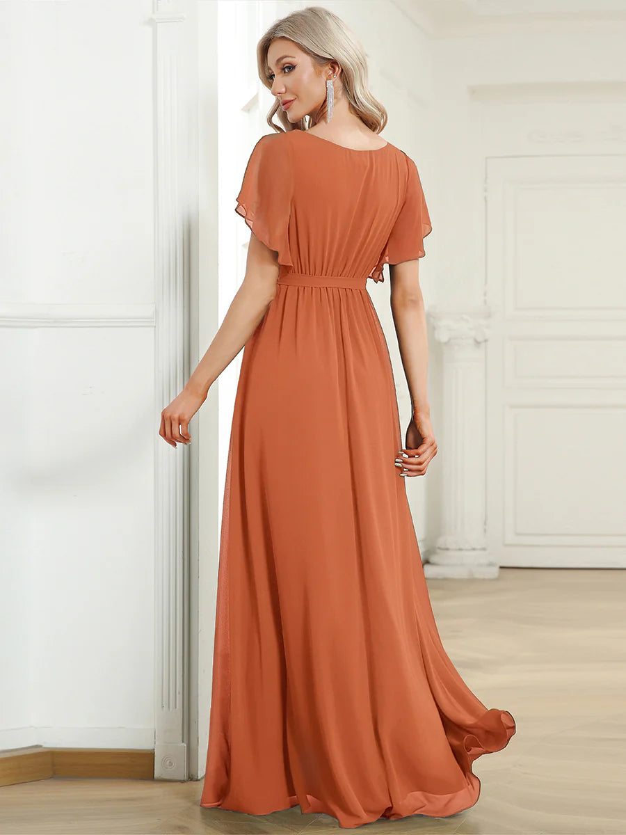 Short Sleeve Ruffle Deep V-Neck A-Line Floor Length Evening Dresses