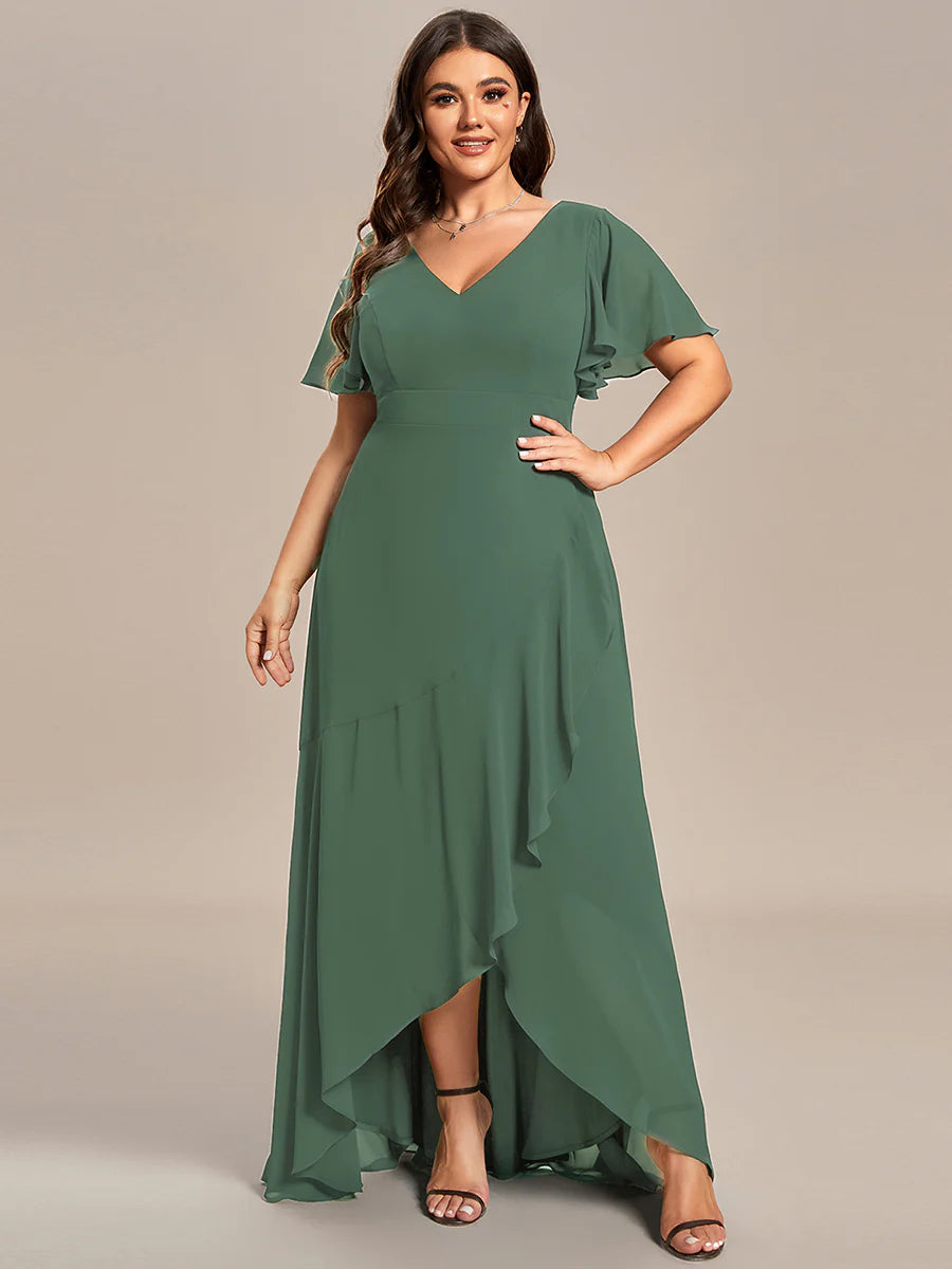 Plus V Neck High Low Ruffles Chiffon Wholesale Bridesmaid Dresses