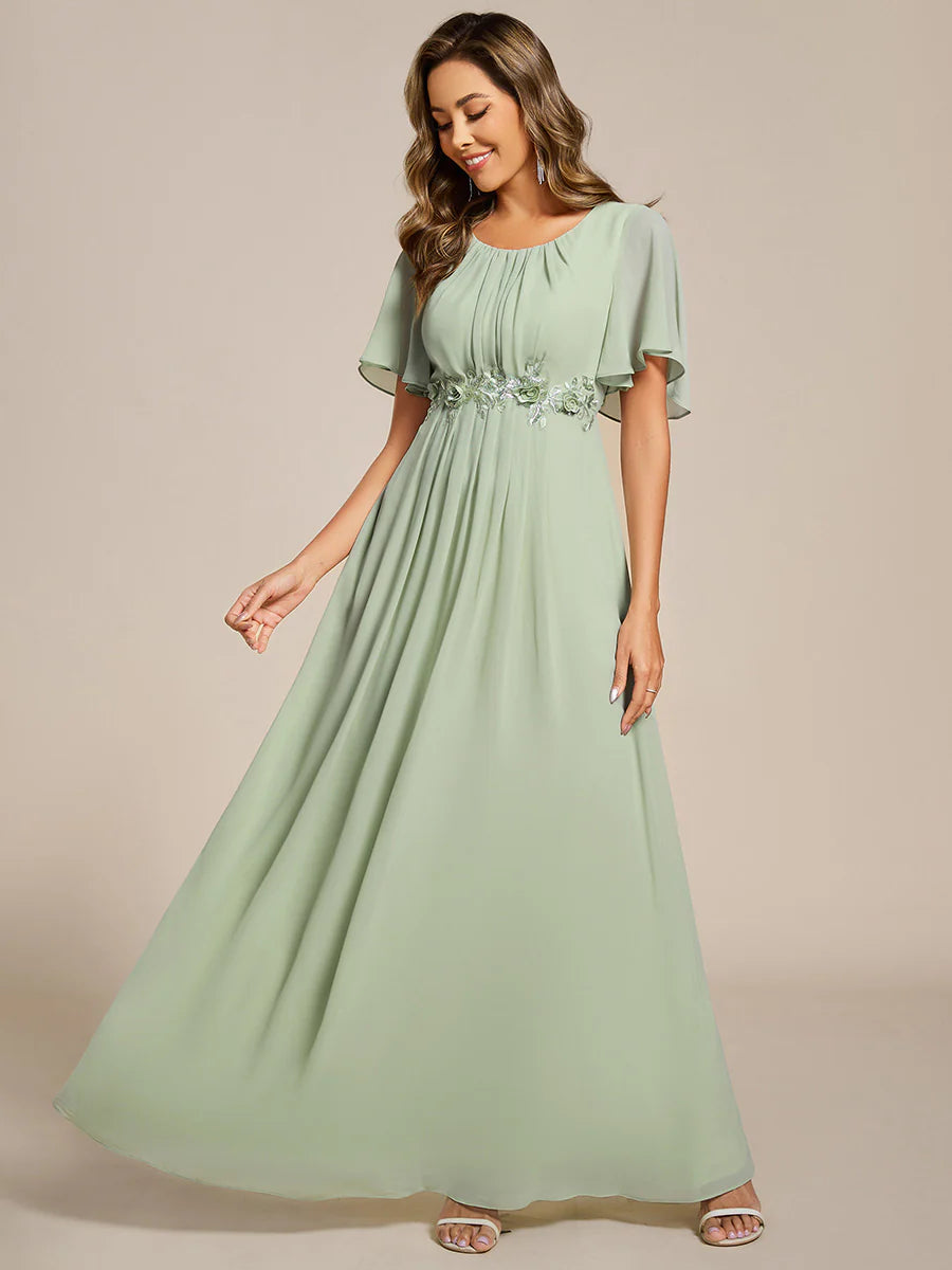 Short Sleeves Pleated Applique A-Line Floor-Length Formal Evening Dress