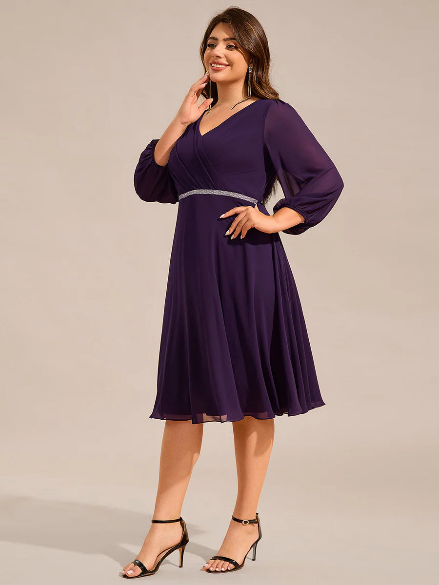Plus Size Elegant Midi Length Long Lantern Sleeves Chiffon Wedding Guest Dresses