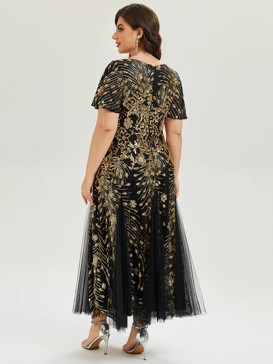 Plus Size Short Sleeve Ruffle Sequin V-Neck A-Line Maxi Evening Dresses