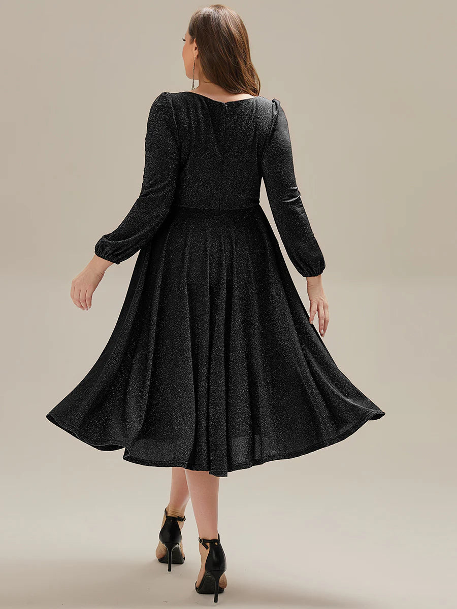 Long Sleeve V-Neck Gathered A-Line Midi Wedding Guest Dresses