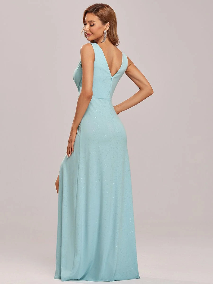 Floor Length V Neck Shimmery Wholesale Evening Dresses With Side Split