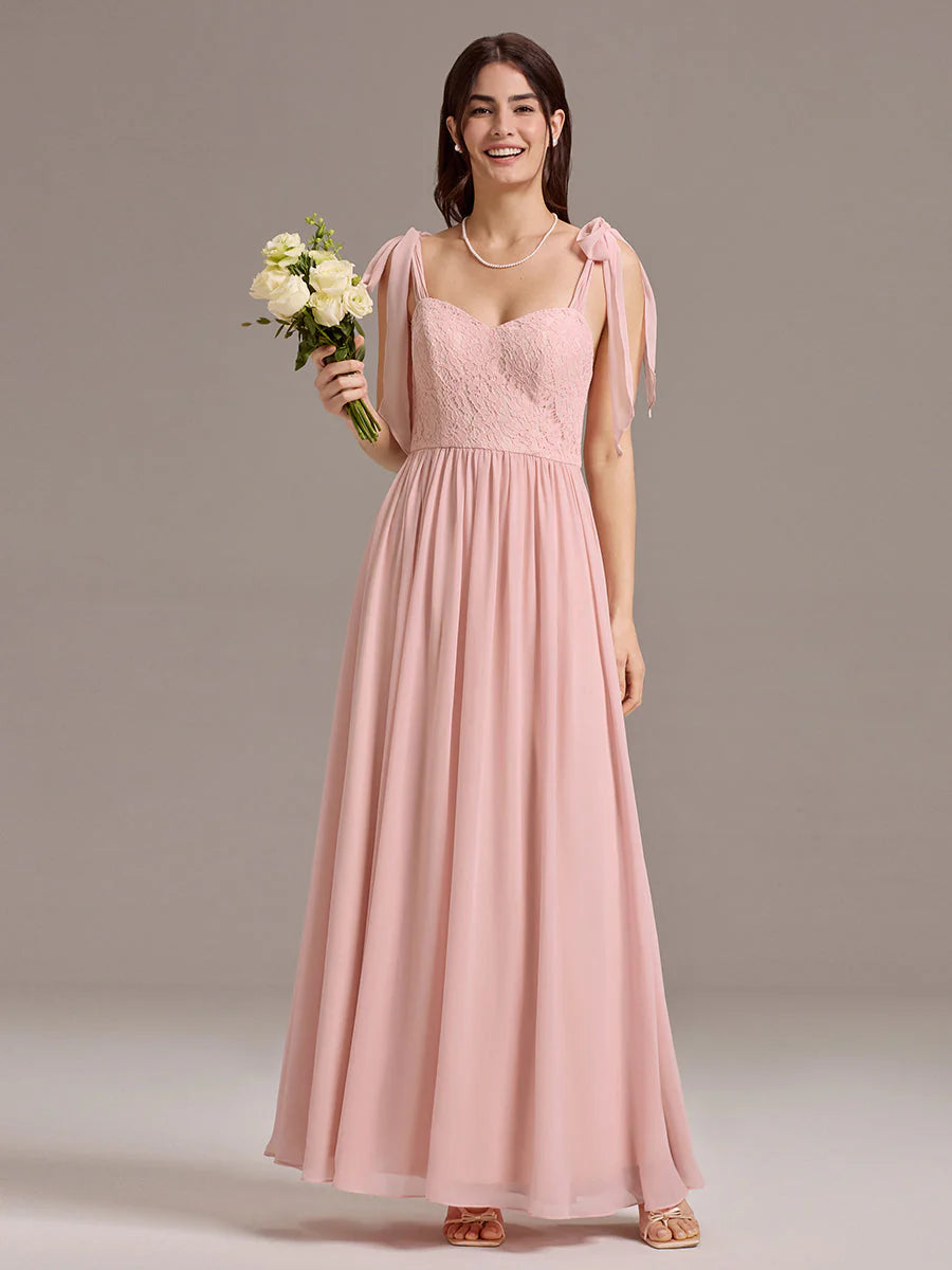 Chiffon Sweetheart Neck Bow Tie Backless A-Line Lace Bridesmaid Dress