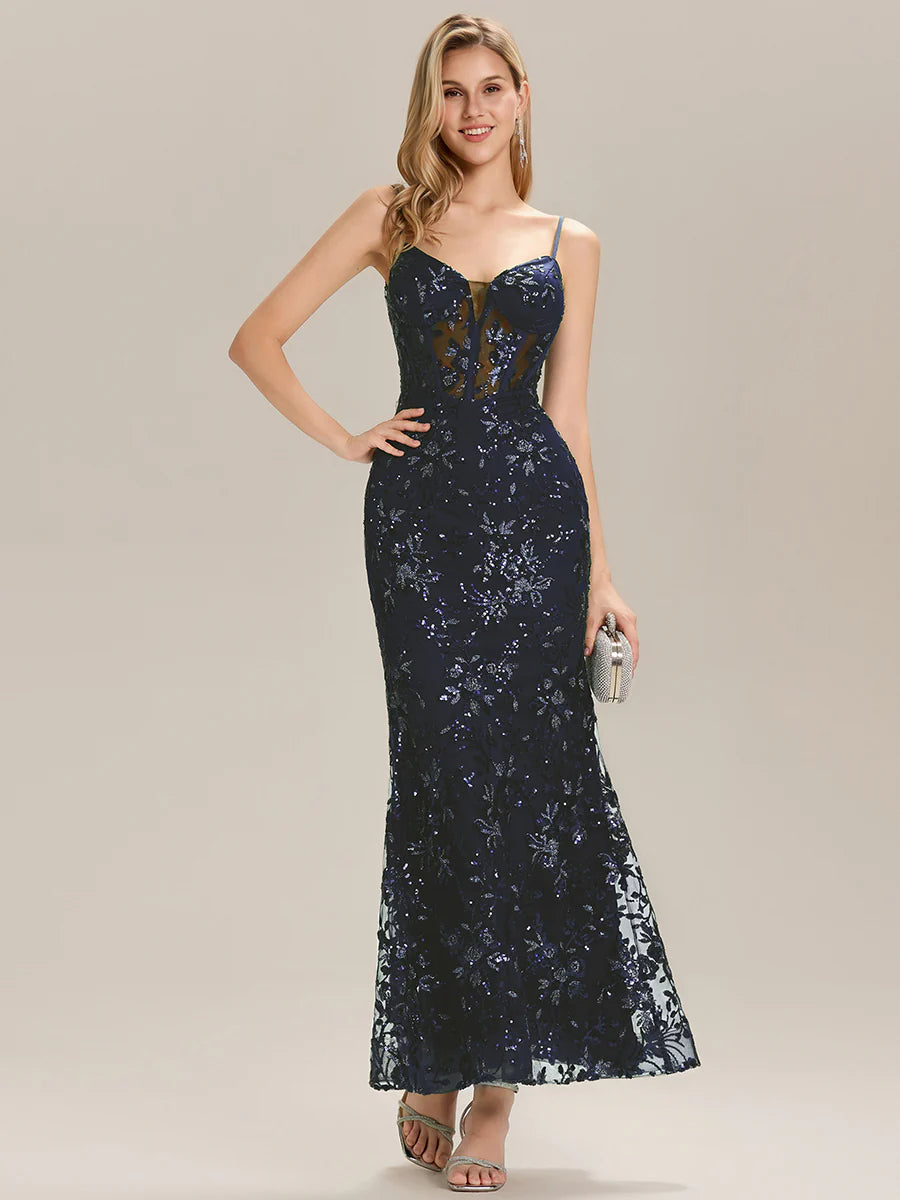Sleeveless Deep V-Neck Backless Sequin Fishtail Evening Dresses
