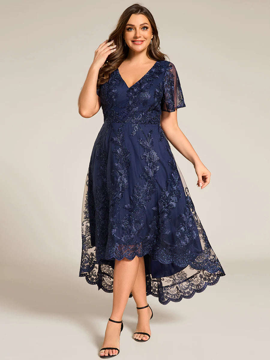 Plus Size Exquisite Embroidery Decoration Short See-through Ruffles Sleeve Lace Wedding Guest Dresses with Asymmetrical Hem