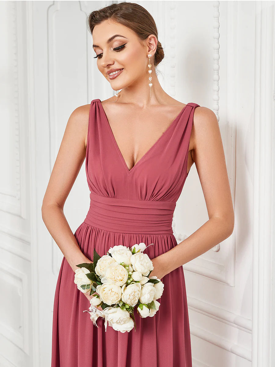 Elegant Double V-Neck Maxi Long Wholesale Bridesmaid Dresses