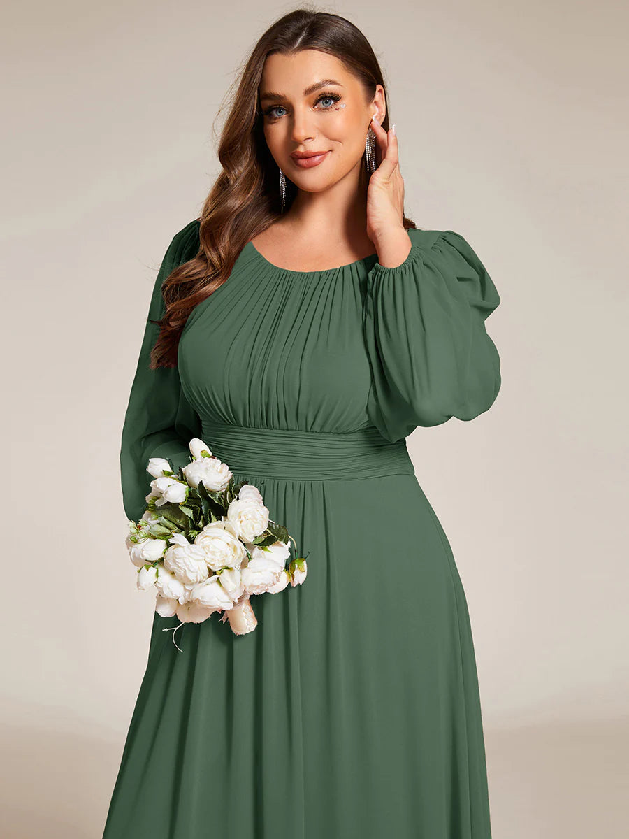 Plus Size Round Neck Wholesale Bridesmaid Dresses with Long Lantern Sleeves