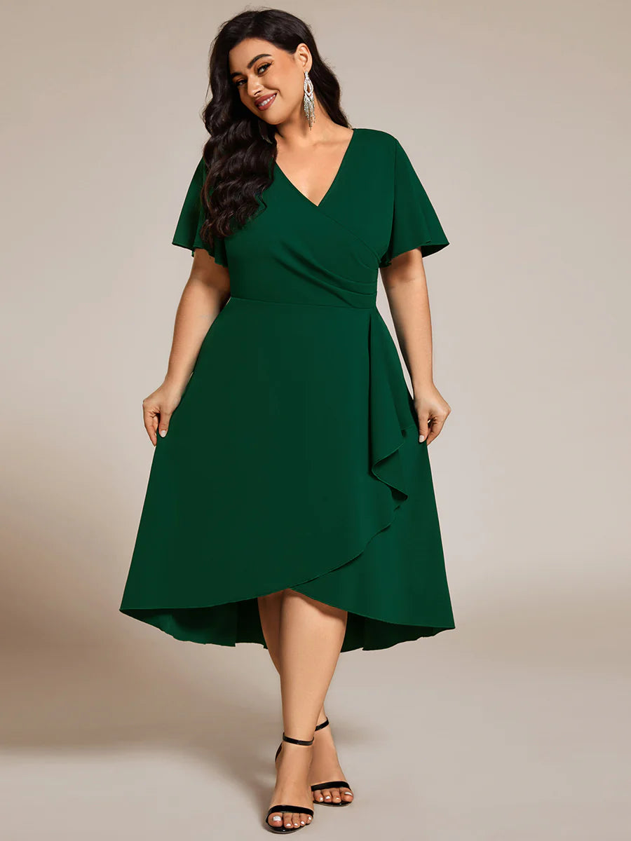 Plus Size Elegant Midi Length ruffles sleeve Twisted Wedding Guest Dresses with Regular Fold Stream