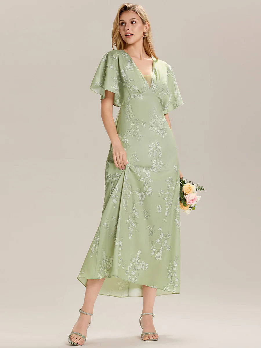 Short Sleeves Floral Deep V-Neck Sheath Maxi Wedding Guest Dresses