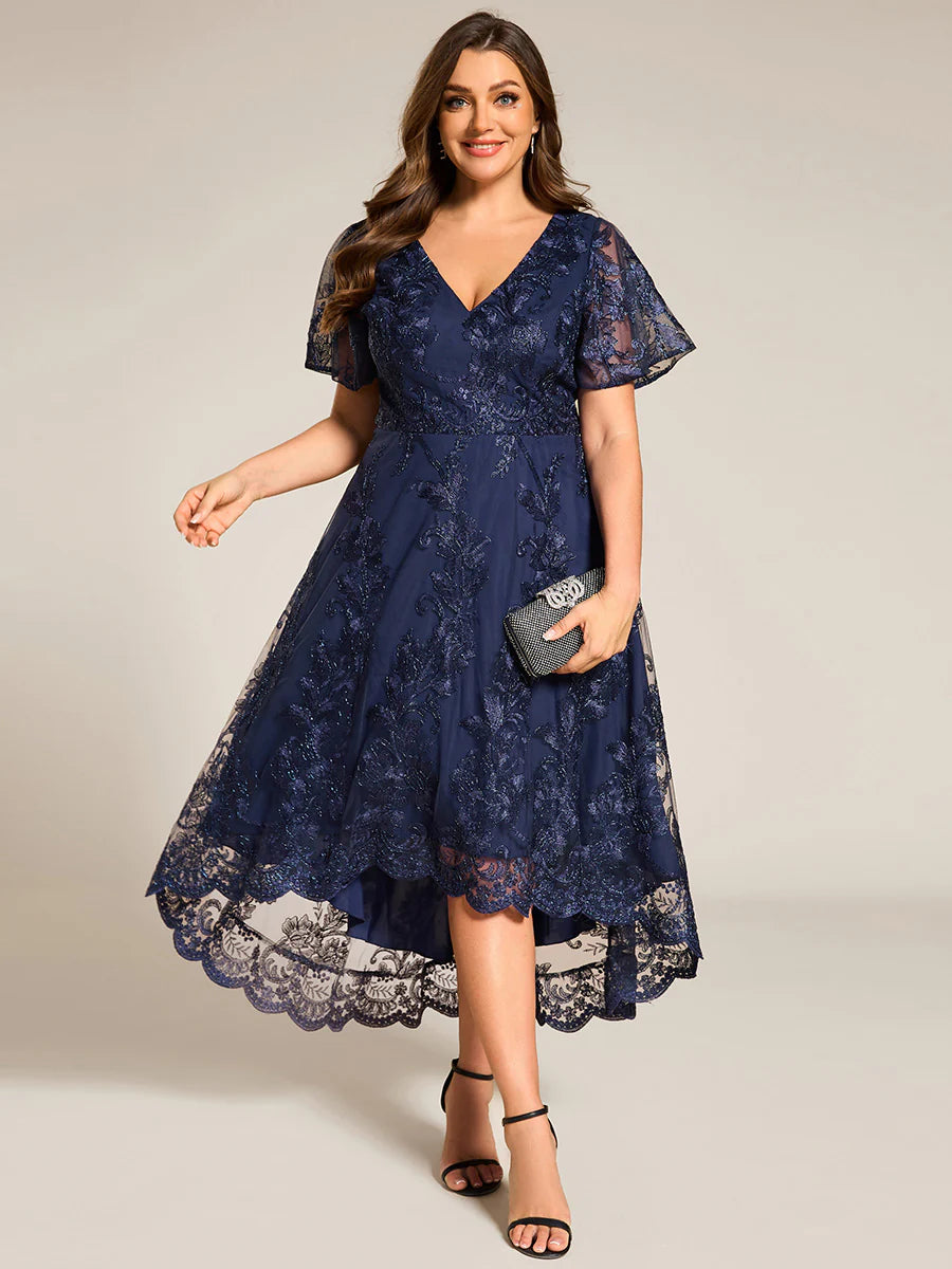 Plus Size Exquisite Embroidery Decoration Short See-through Ruffles Sleeve Lace Wedding Guest Dresses with Asymmetrical Hem