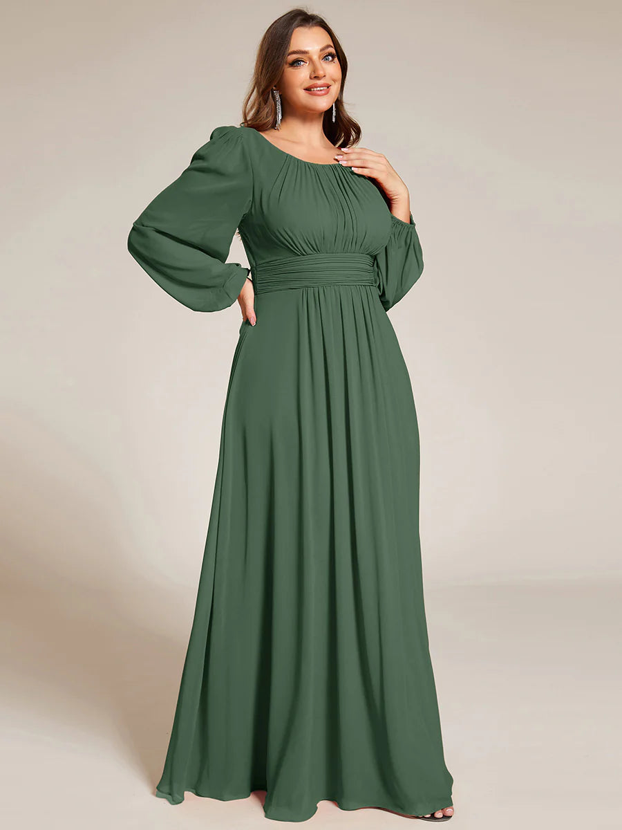 Plus Size Round Neck Wholesale Bridesmaid Dresses with Long Lantern Sleeves