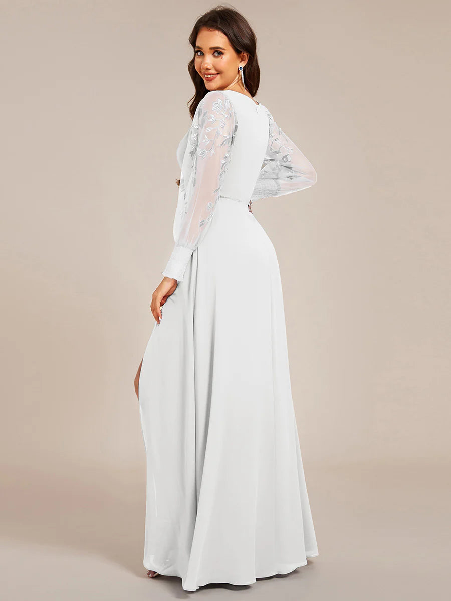 Elegant Embroidery See-Through Design Long Sleeves Floor Length Side Split Hem Chiffon Evening Dresses