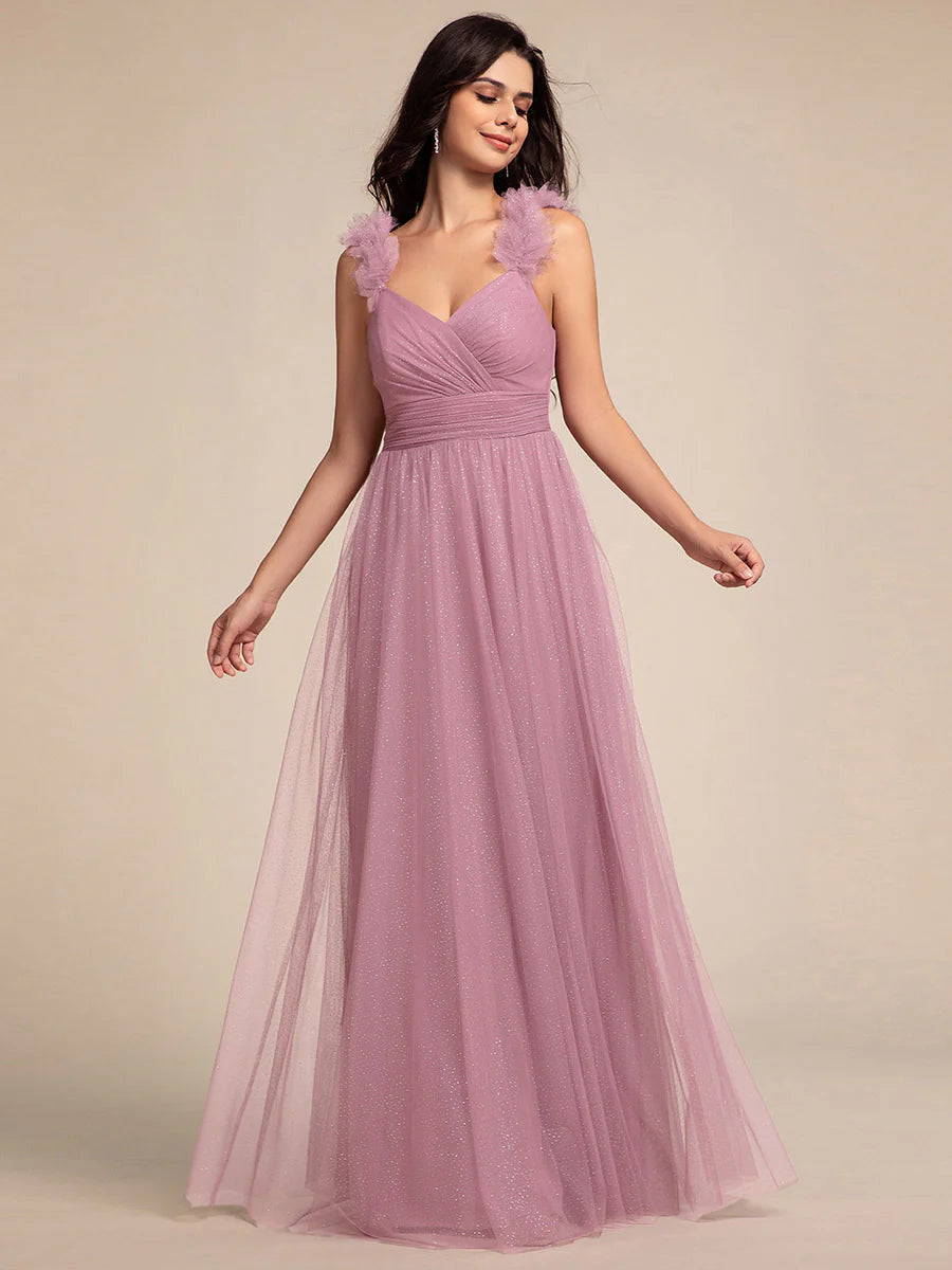 Romantic Deep V Neck Flying sleeve Tulle Bridesmaid Dresses with Gold Stamping Pleated decoration