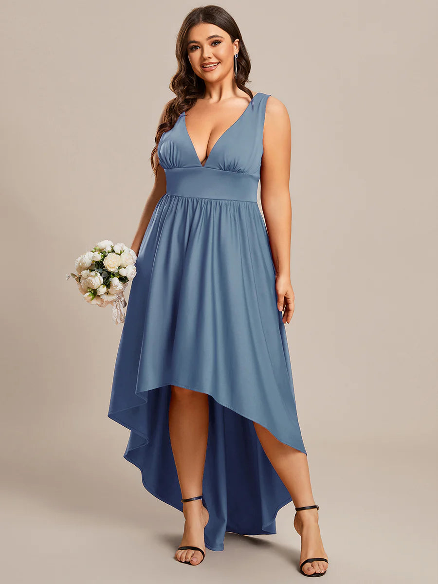 Plus High Low Deep V Neck Sleeveless Wholesale Bridesmaid Dresses