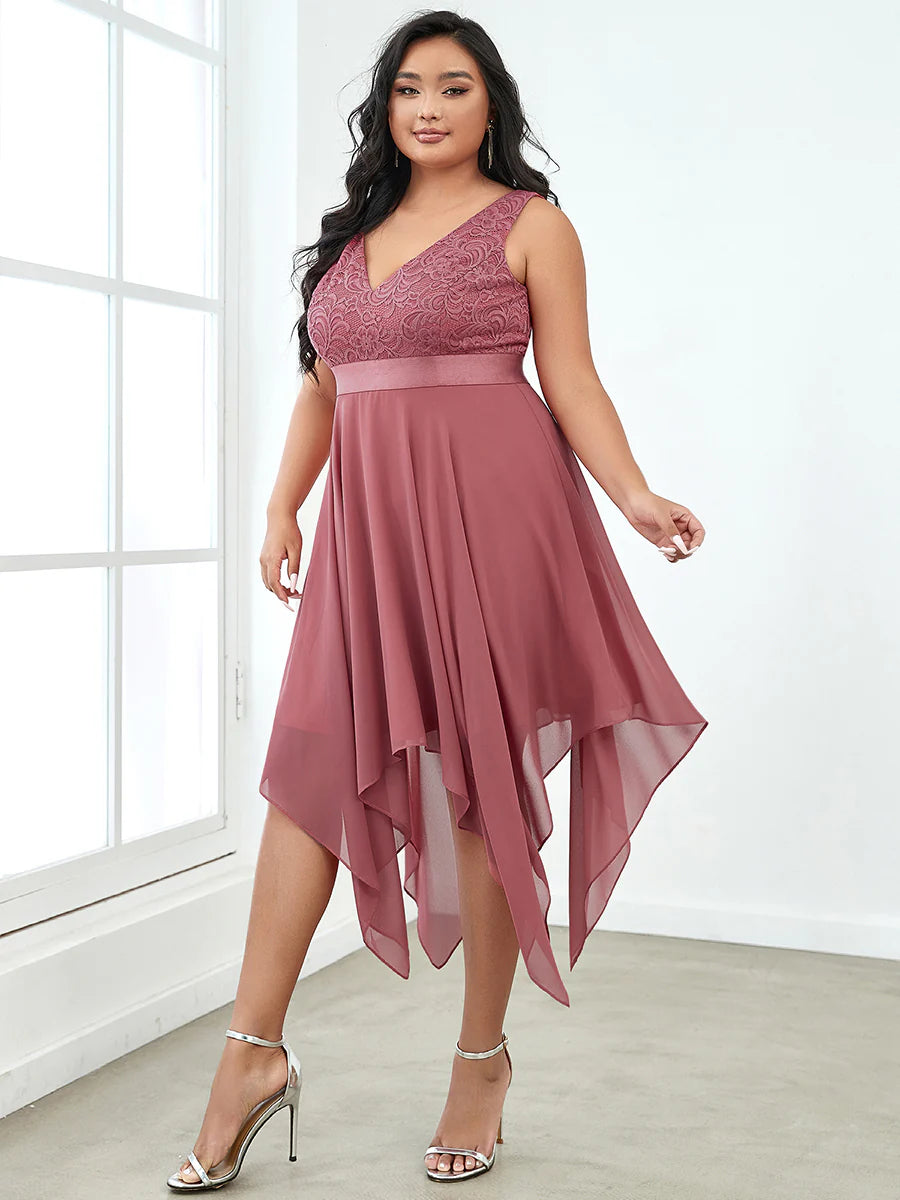 Plus Size Deep V Neck Asymmetrical Hem Sleeveless Wholesale Dresses