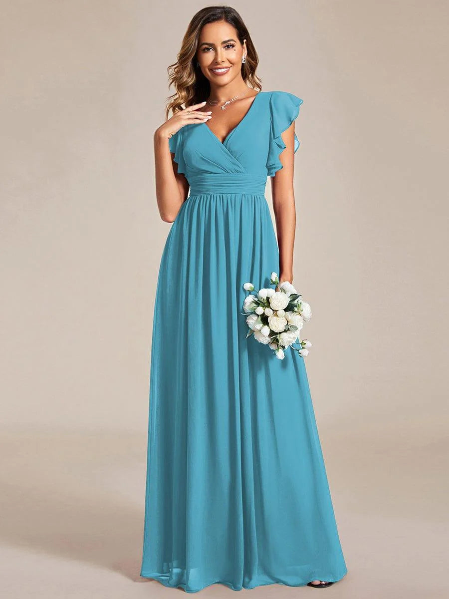 Ever LILYANA|Elegant V-Neck Open Back Ruffled Sleeves Chiffon Bridesmaid Dress
