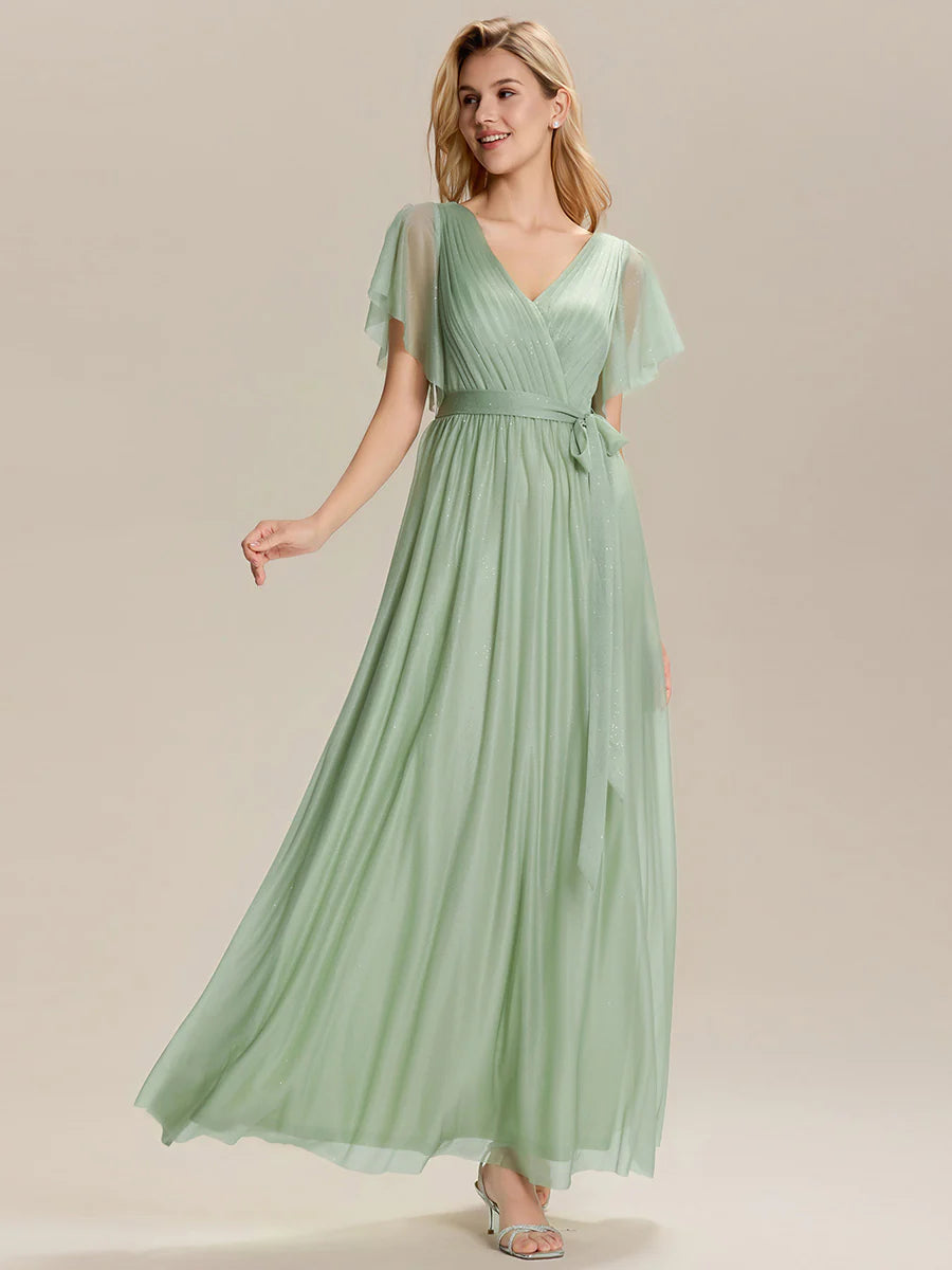 Short Sleeve Ruffle Deep V-Neck A-Line Floor Length Bridesmaid Dresses