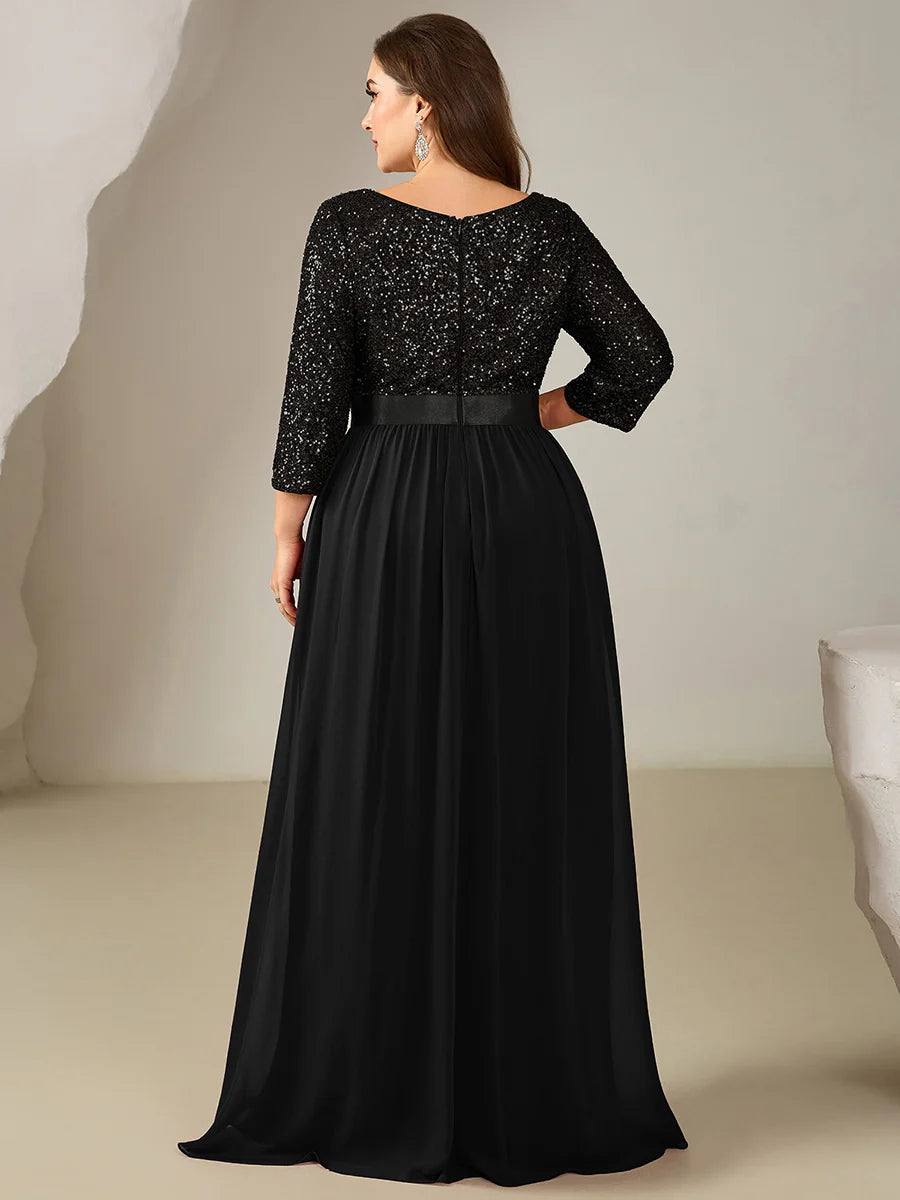 3/4 Sleeve Sequin Patchwork A-Line Floor Length Evening Dresses