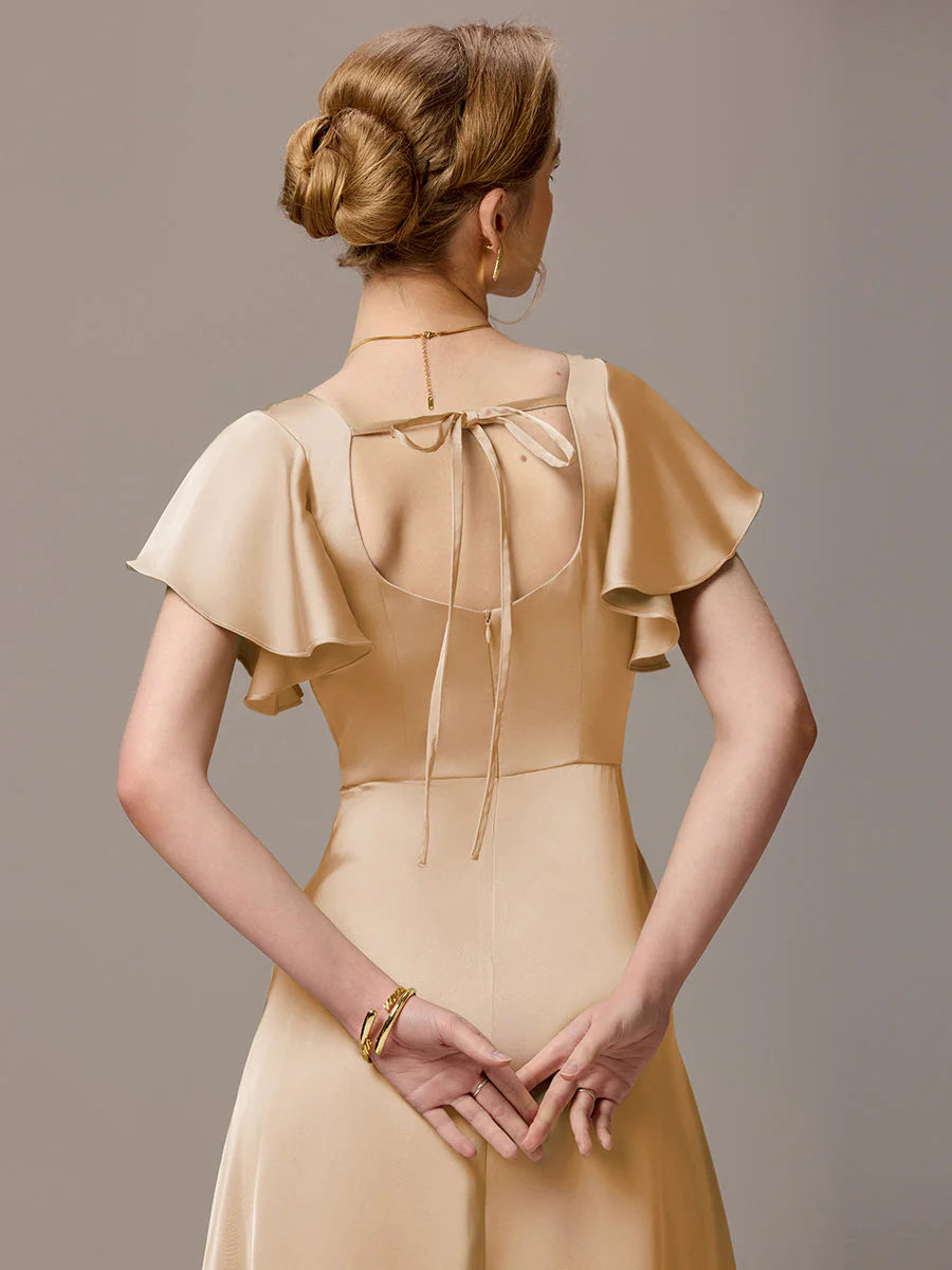 Customized Satin Square Neck Short Sleeve Ruffled Maxi Bridesmaid Dress with Pockets