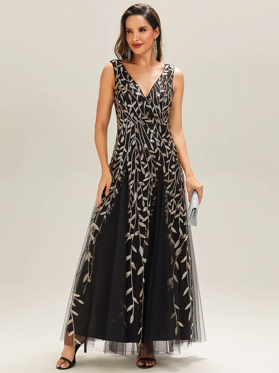 Shiny V-Neck Sequin Sleeveless Evening Dress with Tulle