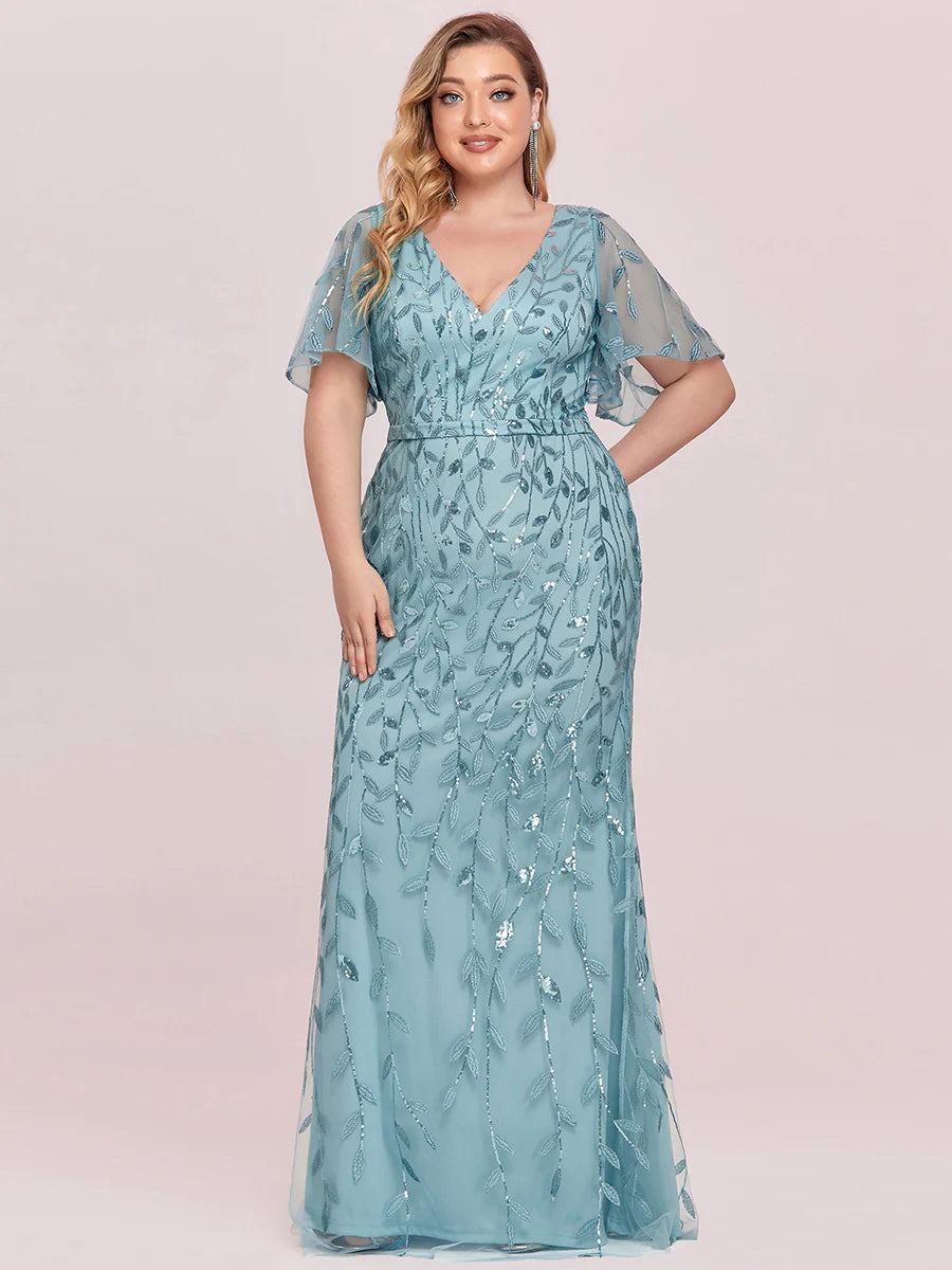 Fashion Plus Size Deep V Neck Wholesale Sequin & Tulle Evening Dress