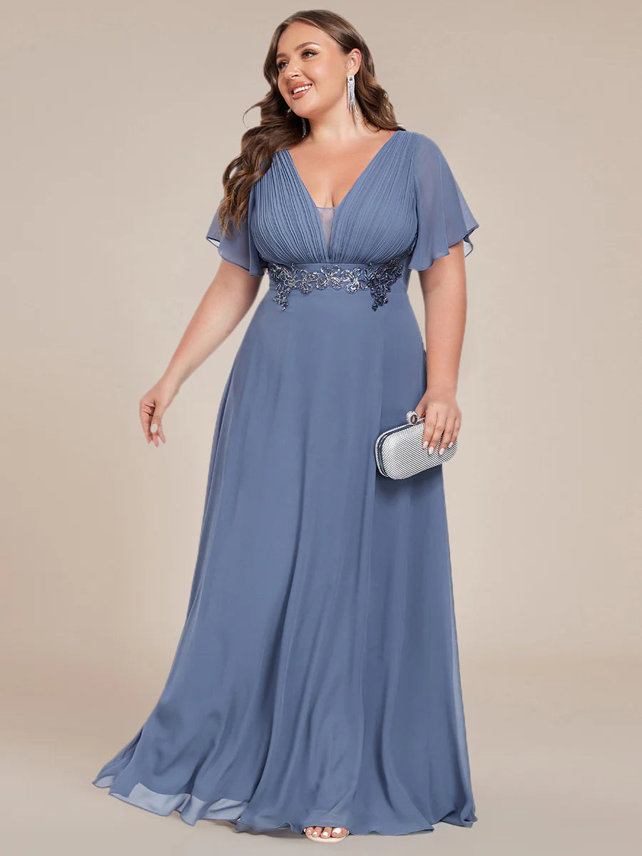 Plus Size Elegant Ruffles Sleeve Chiffon Evening Dresses with Pleated Applique Decoration