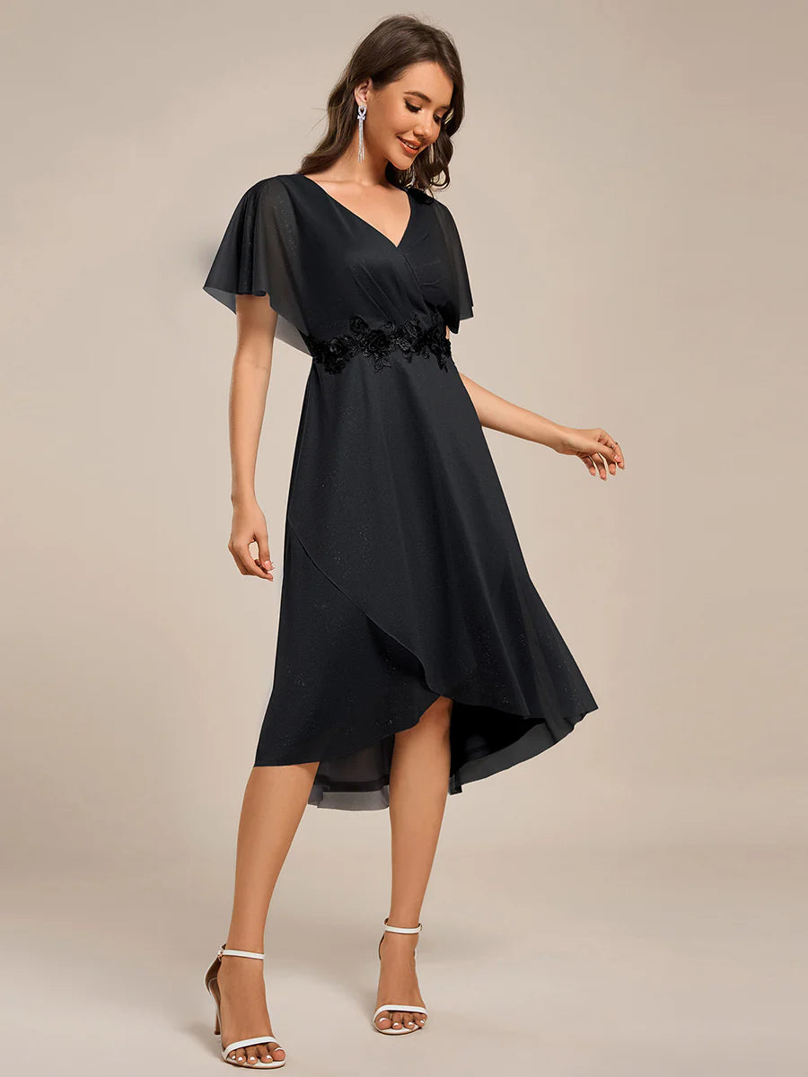 Shimmer Bat-wing Sleeve Asymmetrical Hem Wedding Guest Dresses