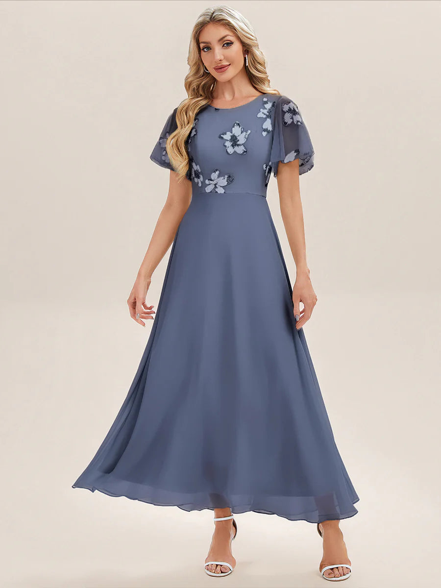 Ruffle sleeves round neck sequined chiffon slim fit evening dress