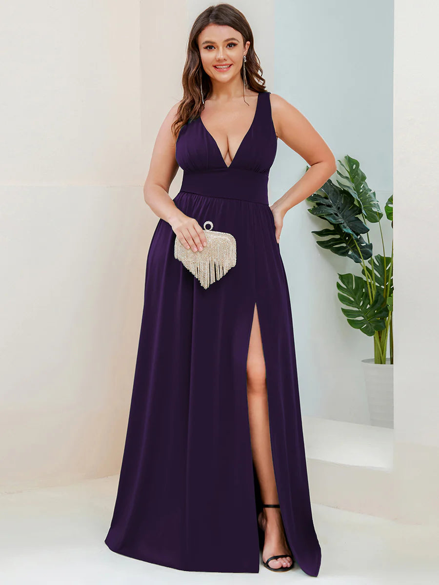 Plus Sleeveless Wholesale Bridesmaid Dresses with Deep V Neck and A Line