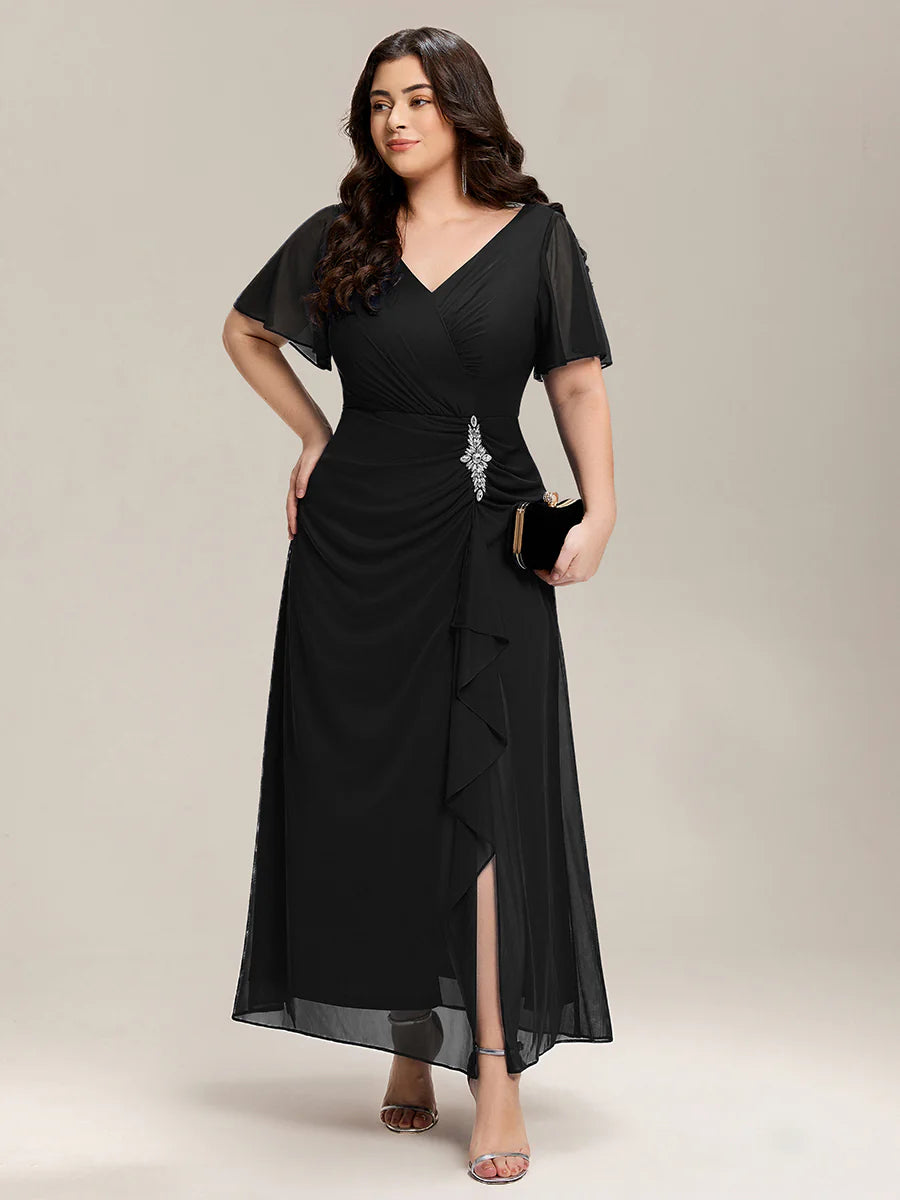 Plus Size Short Sleeve Ruffled Deep V Neck A-Line Slit Maxi Dress for Mother of the Bride
