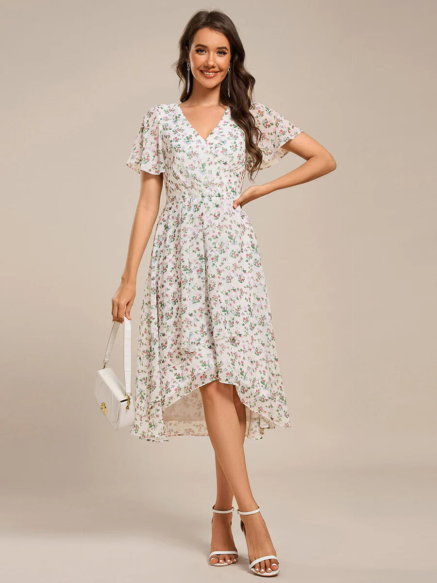 Short Sleeve Ruffled V-Neck Pleated Asymmetrical Midi Wedding Guest Dresses