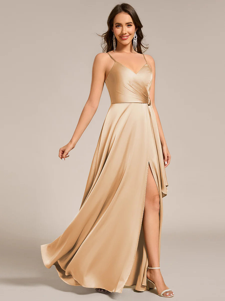 Elegant Floor-Length Spaghetti Straps Split Satin Bridesmaid Dress with Streamer