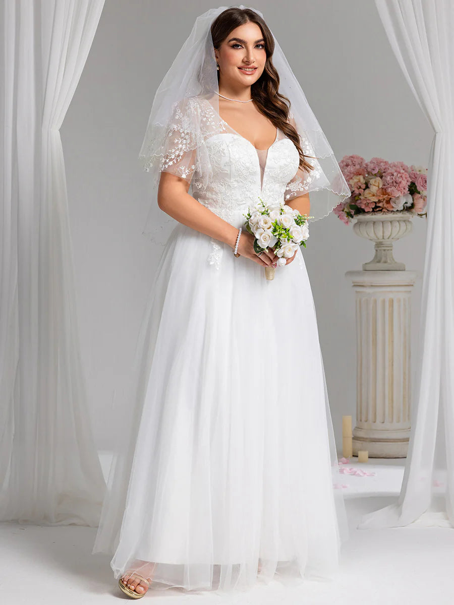 V-Neck Short Sleeves A-Line Floor-Length Wedding Dress with Embroidery
