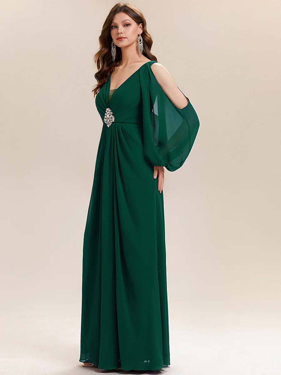 Volume Discounts Long Sleeve Lantern Sleeve A-Line Floor Length V-Neck Wedding Guest Dresses