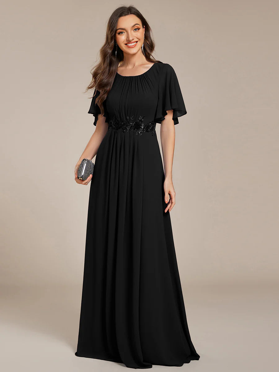 Short Sleeves Pleated Applique A-Line Floor-Length Formal Evening Dress
