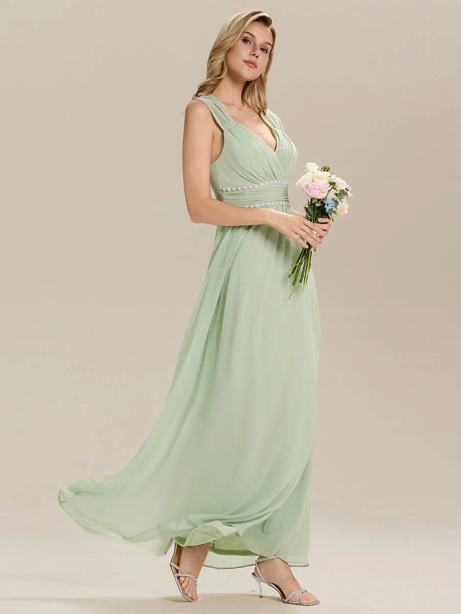 Custom Made Sleeveless Pleated Deep V-Neck A-Line Floor Length Dress; Bridesmaid Dresses