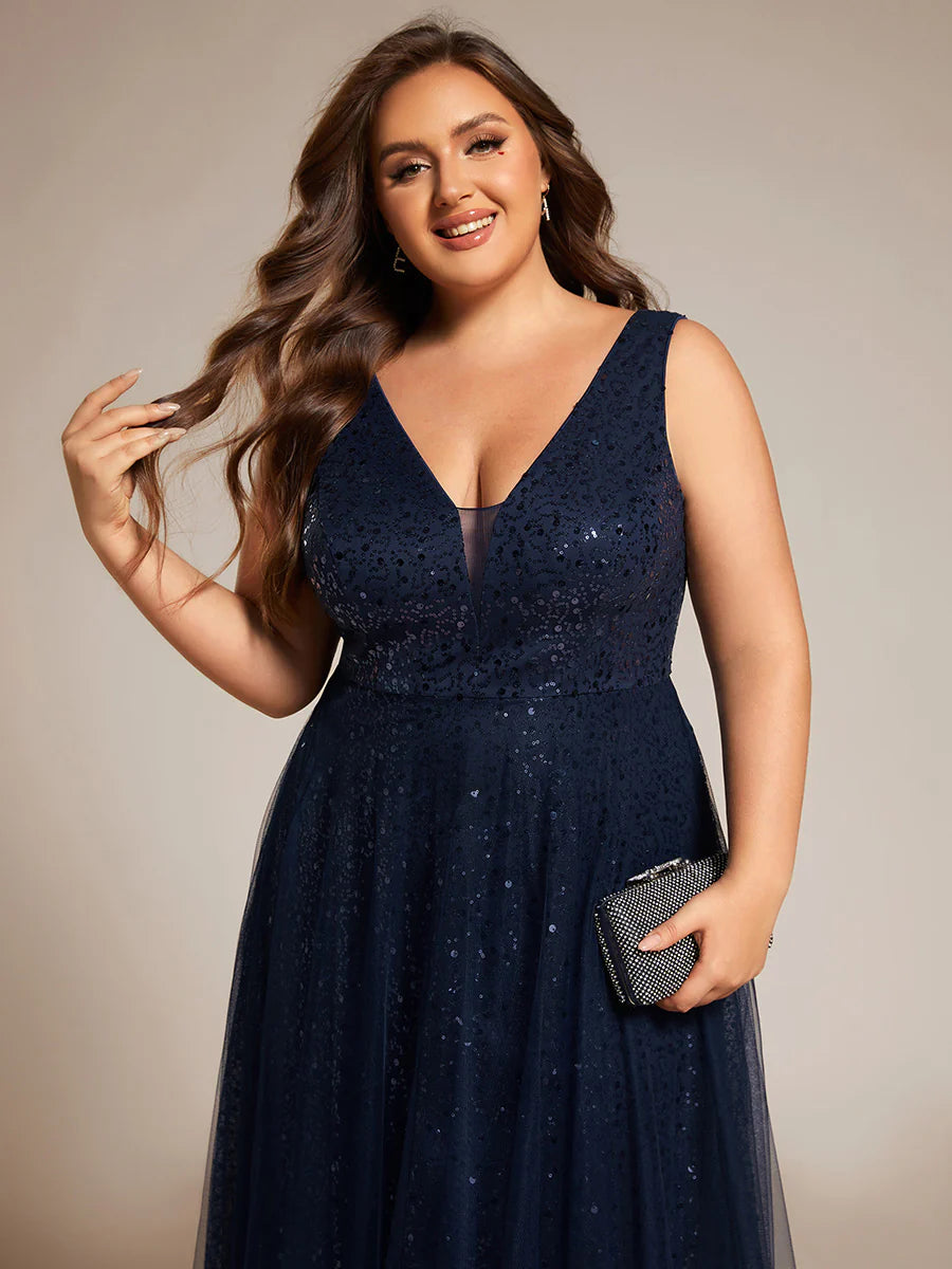 Elegant Plus Size V-Neck Backless Sequin Evening Dress with Sleeveless