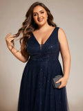 Elegant Plus Size V-Neck Backless Sequin Evening Dress with Sleeveless