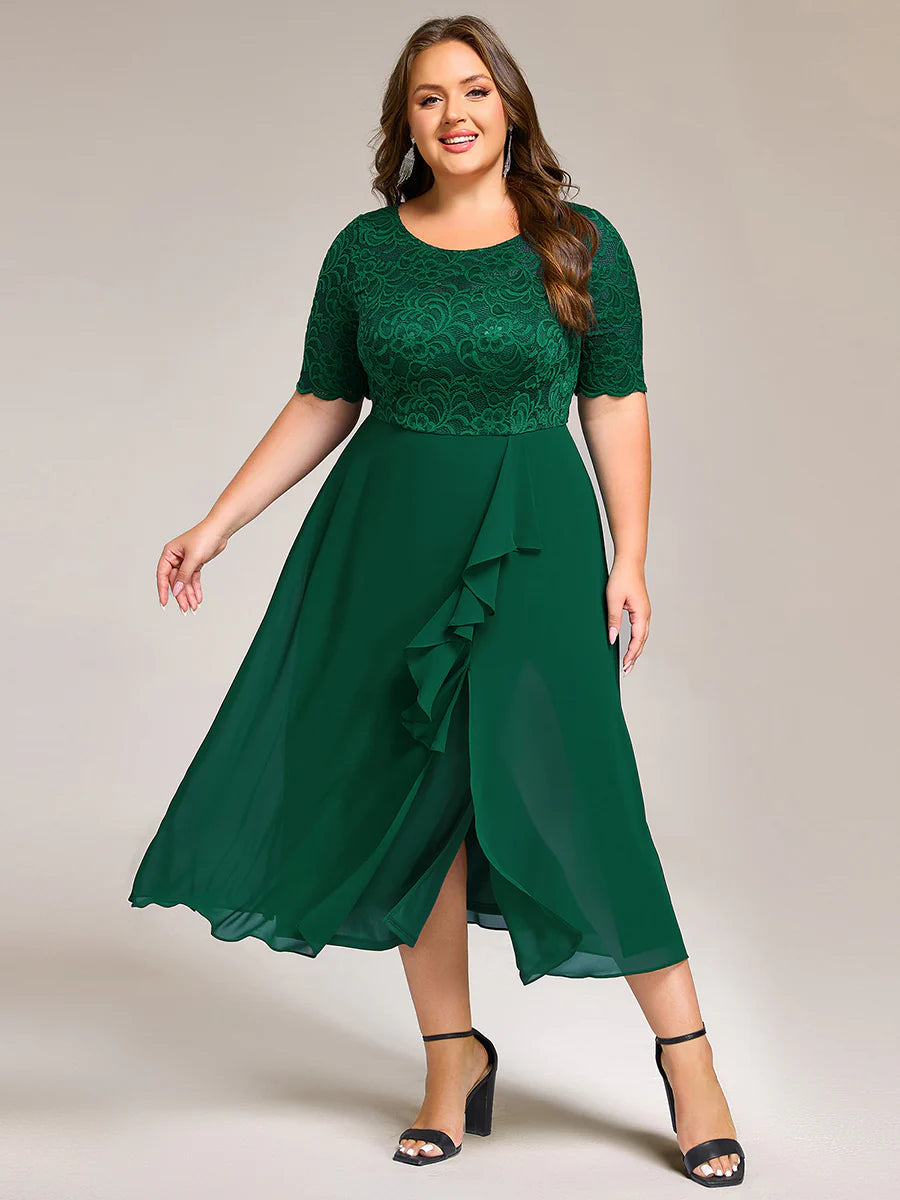 Plus Size Embroidery Split Nine-length Chiffon Evening Dresses